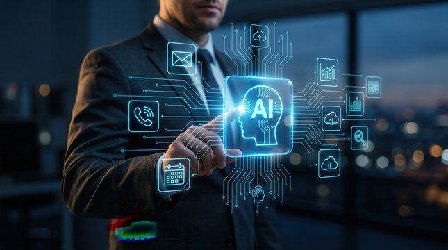 Businessperson tapping an artificial intelligence icon for autonomous AI business process automation.