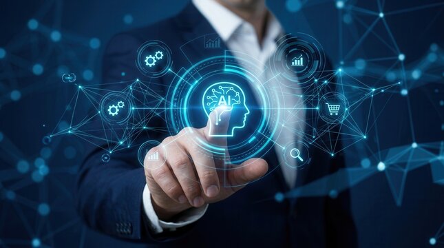 Businessman interacting with AI icon on an application network system for robotic process automation.