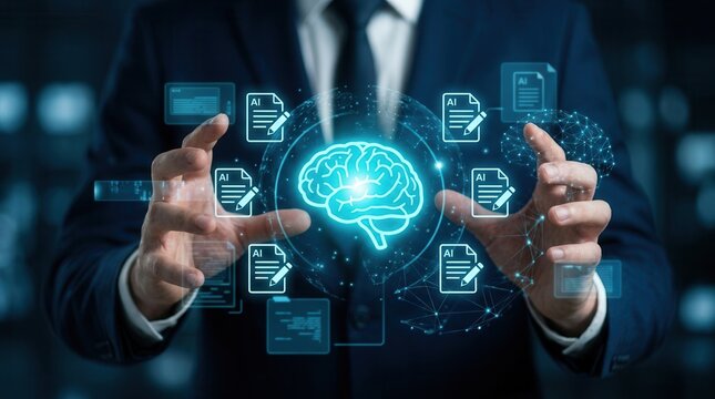 Businessperson holding an AI icon for automated document generation and summarization.