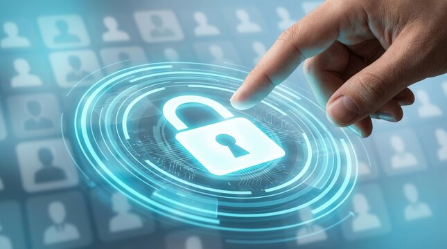 Businessman touching a padlock icon for customer information and personal data protection.