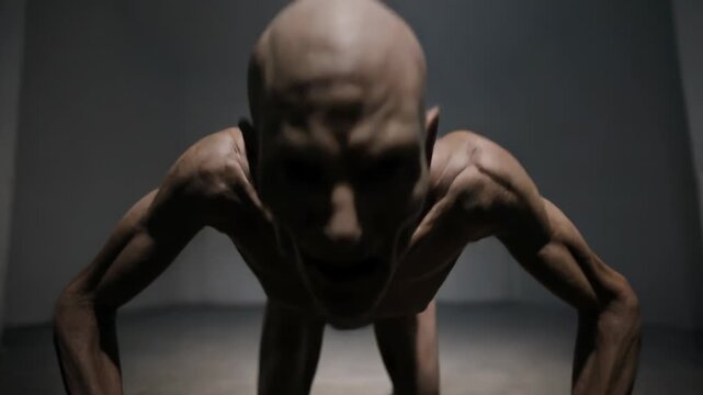 Creepy bald creature crawling towards camera in dark room. Eerie monster with gaunt skin in spooky interior. Horror cinematic scene