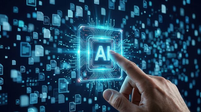 Man touching an AI icon on an electronic circuit board to generate text documents and abstract papers.
