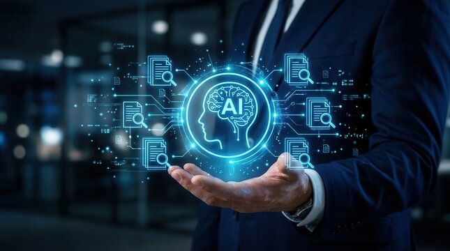 Businessperson holding an artificial intelligence icon for semantic search and document retrieval.