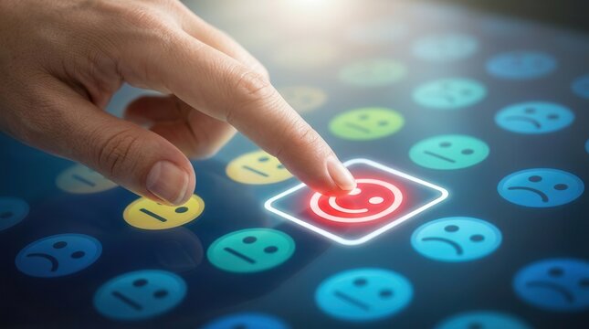 A marketer touching a best customer review face icon for niche marketing and segmentation strategy.