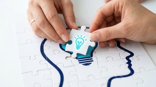 A hand connecting the last jigsaw puzzle piece to complete a human head and lightbulb idea concept.