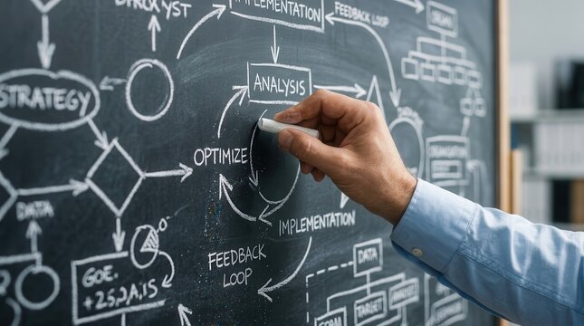 Businessman drawing complex flowcharts on a chalkboard for business process and workflow concept.