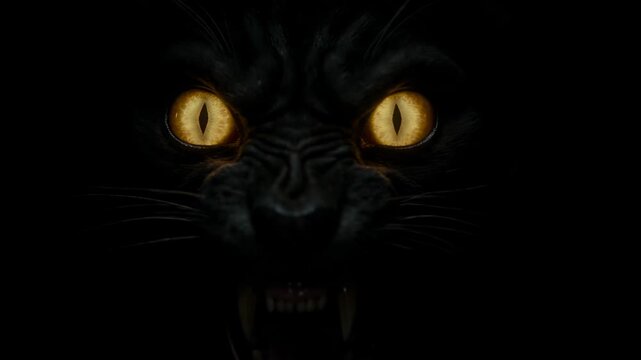 Black cat with glowing yellow eyes in the dark. Scary feline face emerging from shadows. Aggressive predatory animal look for Halloween theme. Intense wildlife portrait with sharp fangs and dark fur
