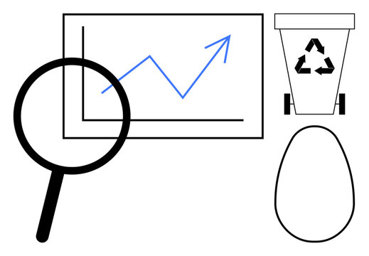 Data analysis, sustainability, business growth, environmental conservation, research methods, minimalist design. A graph with upward trend, magnifying glass recycle bin and egg shape. Data analysis