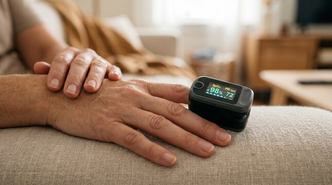 Senior man resting hand on sofa with pulse oximeter on wrist  