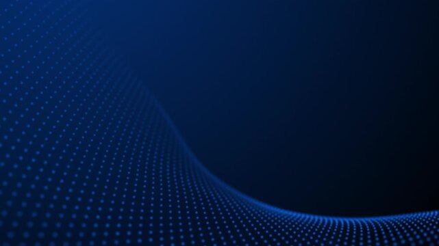 Abstract blue particle wave forming curved digital space. Glowing dotted grid creating smooth technology landscape deep perspective. Clean futuristic data flow background. Seamless looping animation.