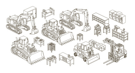 Naklejka premium industrial machinery and heavy equipment set featuring construction vehicles logistics gear and engineering tools for technical illustrations.