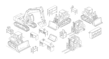 Naklejka premium detailed isometric line art of heavy construction and industrial equipment including excavators bulldozers and forklifts.