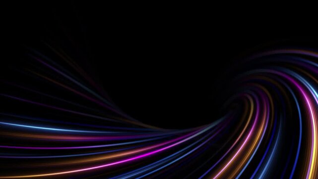 3D spiral of neon light lines. Looped vortex glowing tunnel of multicolored stripes. Big data transmission via fiber optic cables. Twisting colored lines. 4k 60 fps VJ loop