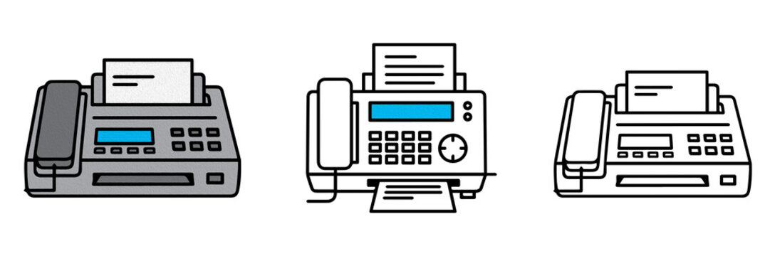 Collection of Retro Fax Machine Icons and Office Telephone Illustrations Featuring Paper Trays, Digital Displays, and Handsets for Professional Business Communication Concepts.