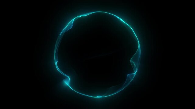 Abstract glowing blue energy ring on dark background. Neon plasma circle with flowing light waves and digital sci fi halo loop.