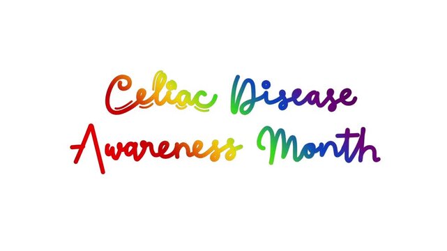 celiac disease awareness month One line continuous animated typography intro outro animation video, hand drawn calligraphy lettering monoline vintage text line art rainbow type on white background bg 