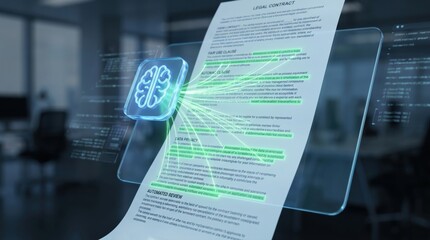 Fototapeta na wymiar Glowing holographic brain scanning and analyzing a legal contract document in an office