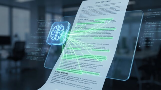Glowing holographic brain scanning and analyzing a legal contract document in an office