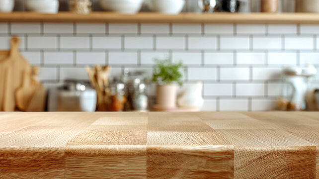 Empty wooden table top with blurred modern kitchen background. Light oak butcher block counter with white brick wall and shelves, perfect for product display or food mockup