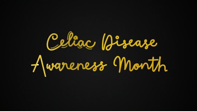 celiac disease awareness month One line continuous animated typography intro outro animation video, hand drawn calligraphy lettering monoline vintage text line art golden type on black background bg b