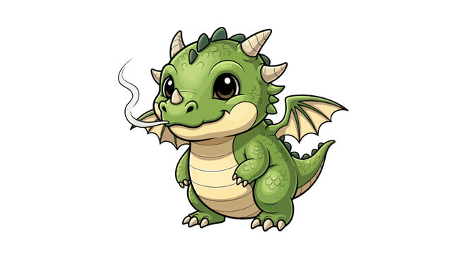 Cute green dragon smoking a cigarette cartoon character