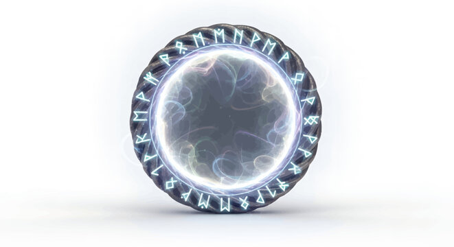 Glowing crystal ball with mystical runes on white background