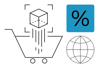 Obraz premium Online shopping, digital transactions, global business, 3D scanning, retail marketing, international sales. Shopping cart with a 3D object, percent sign and globe. Online shopping and digital