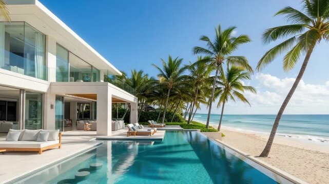Modern house with infinity pool and palm trees on sandy beach
