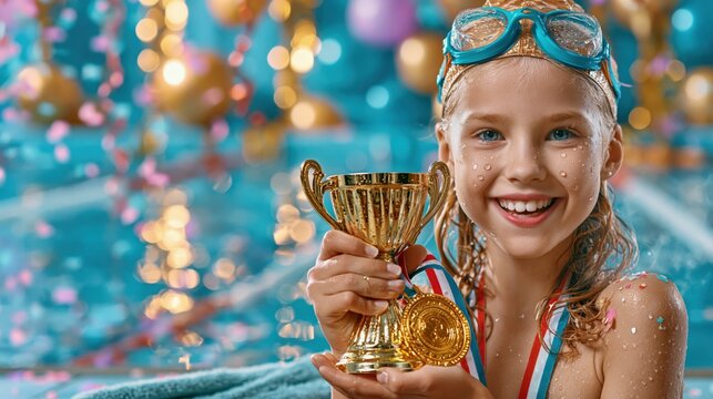 Smiling young girl swimmer with gold goggles and a trophy celebrating her win at the swimming pool