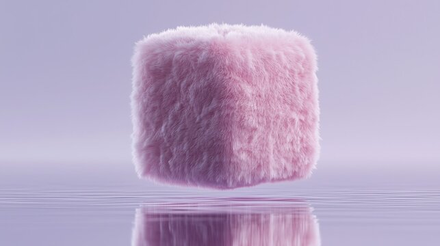 Floating Pink Fur Cube with Soft Reflection. Excellent for abstract backgrounds, texture concepts, modern design, luxury branding, 3D art and creative advertising.