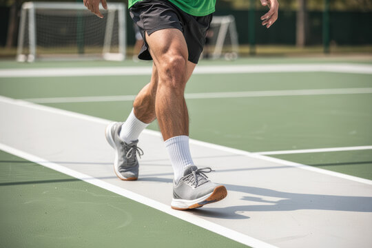 Male athlete practicing tennis footwork on court focusing on lower-body movement
