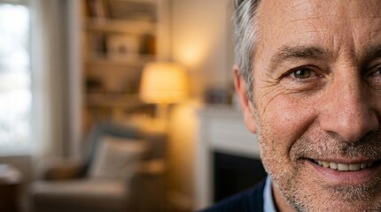 Obraz premium Close up portrait of a smiling middle aged man with grey hair in a cozy home setting