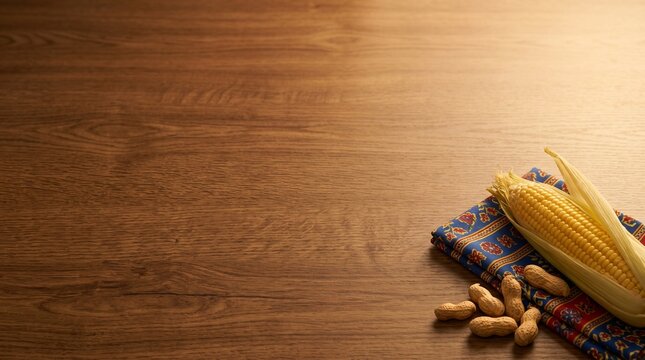 Corn and peanuts on a wooden table with a patterned cloth