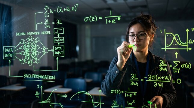 Young woman writing complex mathematical formulas and neural network diagram on glass board
