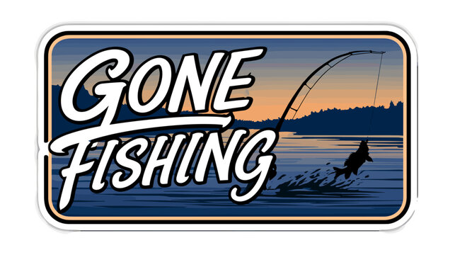 Gone Fishing sign with fish jumping from water at sunset