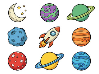 Cute Cartoon Solar System Illustration with Colorful Planets and Sun © Cumi Studio