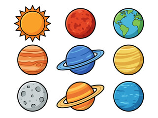 Cute Cartoon Solar System Illustration with Colorful Planets and Sun © Cumi Studio