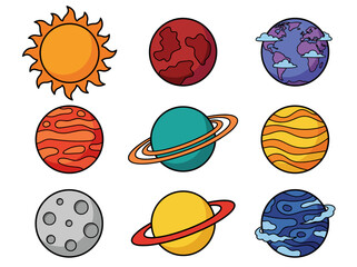 Cute Cartoon Solar System Illustration with Colorful Planets and Sun © Cumi Studio