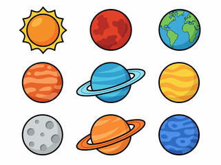 Cute Cartoon Solar System Illustration with Colorful Planets and Sun © Cumi Studio