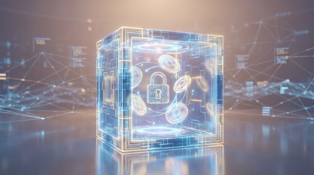 Glowing digital safe cube with padlock and golden coins representing cryptocurrency cybersecurity
