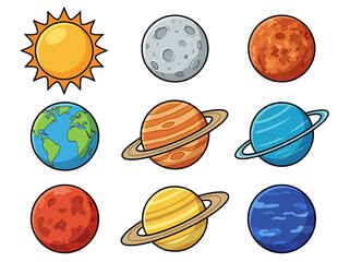 Cute Cartoon Solar System Illustration with Colorful Planets and Sun © Cumi Studio