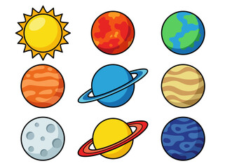 Cute Cartoon Solar System Illustration with Colorful Planets and Sun © Cumi Studio