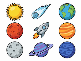 Cute Cartoon Solar System Illustration with Colorful Planets and Sun © Cumi Studio