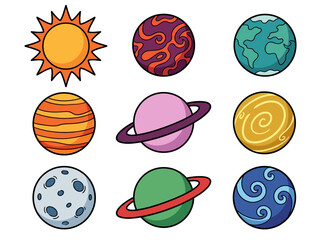 Cute Cartoon Solar System Illustration with Colorful Planets and Sun © Cumi Studio