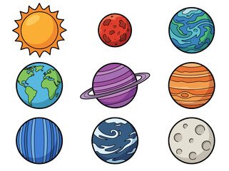 Cute Cartoon Solar System Illustration with Colorful Planets and Sun © Cumi Studio