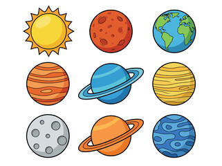 Cute Cartoon Solar System Illustration with Colorful Planets and Sun © Cumi Studio