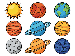 Cute Cartoon Solar System Illustration with Colorful Planets and Sun © Cumi Studio