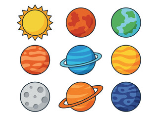 Cute Cartoon Solar System Illustration with Colorful Planets and Sun © Cumi Studio