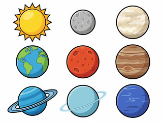 Cute Cartoon Solar System Illustration with Colorful Planets and Sun © Cumi Studio