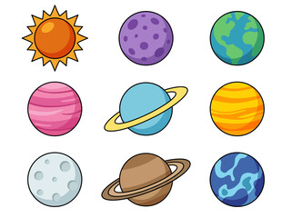 Cute Cartoon Solar System Illustration with Colorful Planets and Sun © Cumi Studio